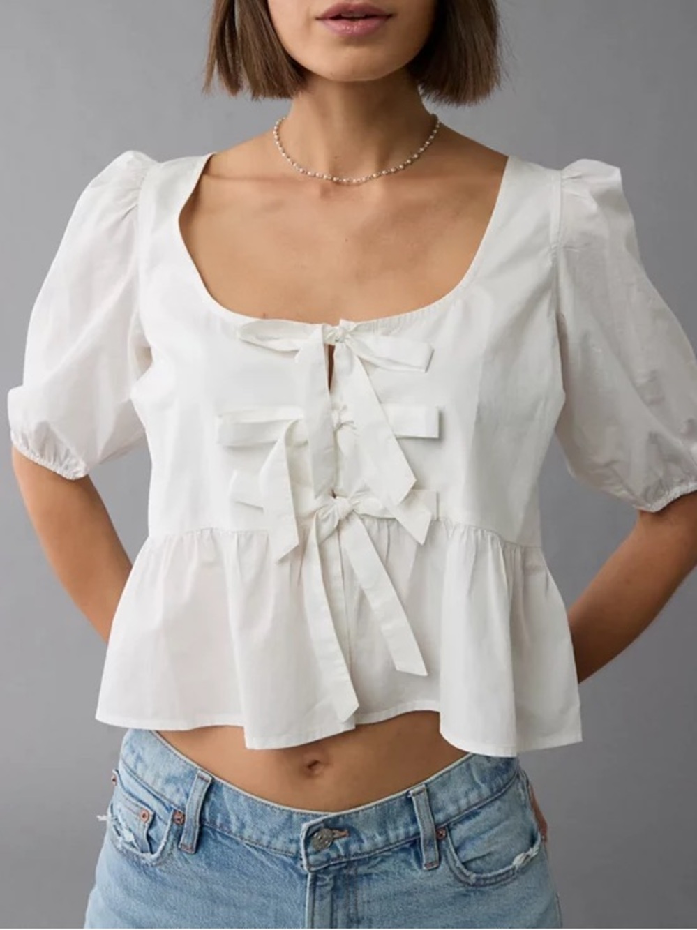 American Eagle white 100% cotton cropped boxy puff sleeve tie front top sz S